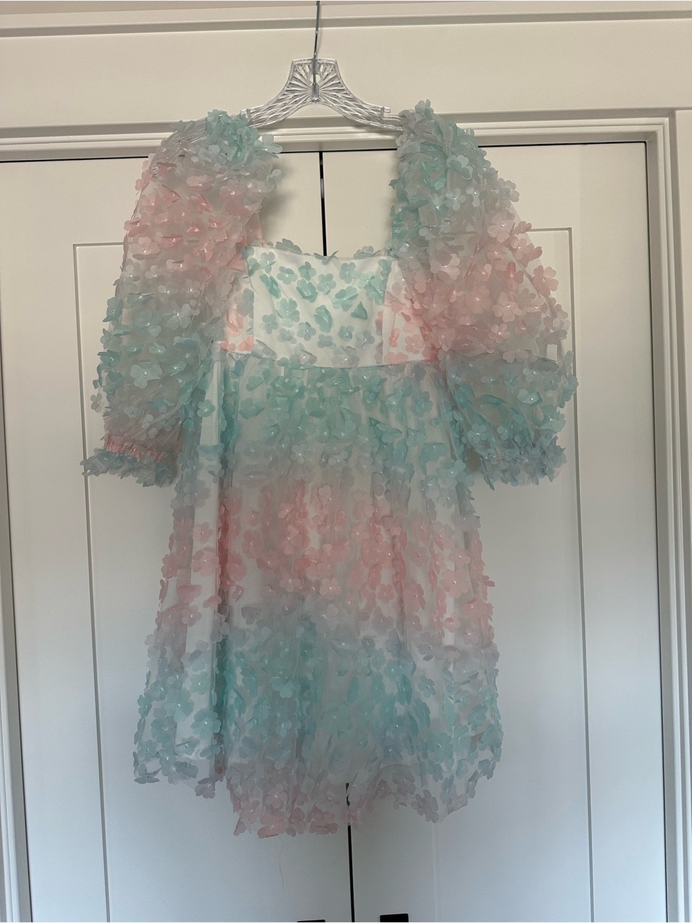 Gender Reveal Dress Light Blue and Pink Floral Appliqué Dress